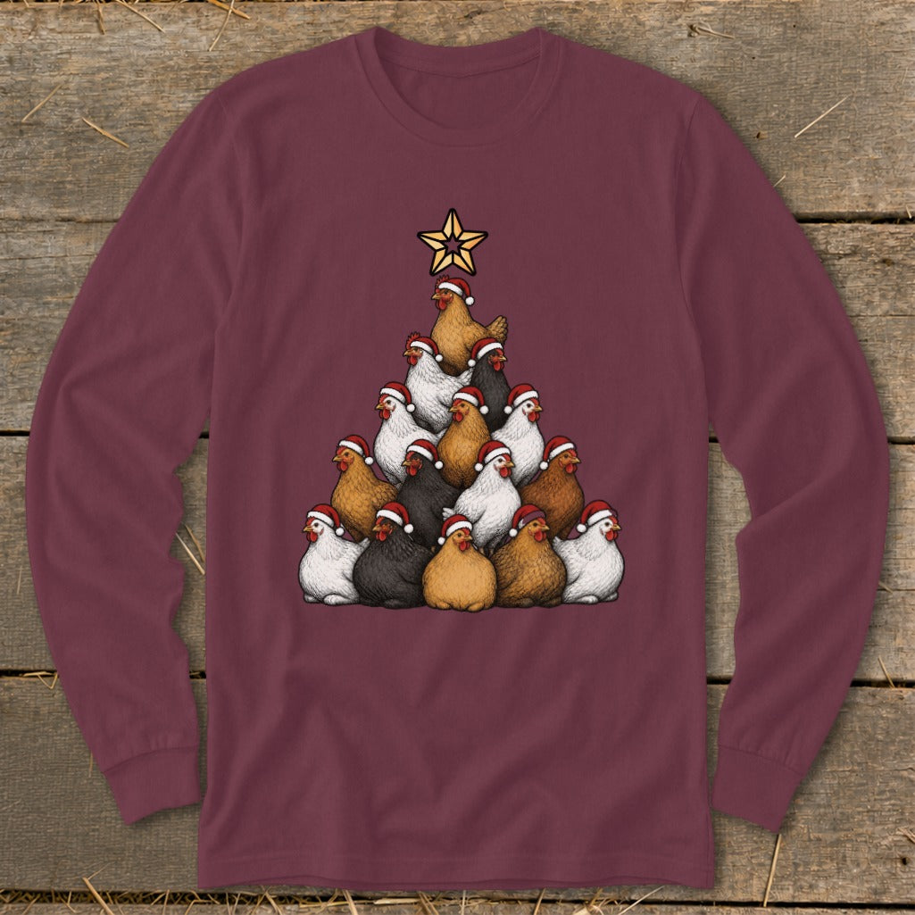 Maroon long sleeve shirt with a Christmas tree made of chickens wearing Santa hats.
