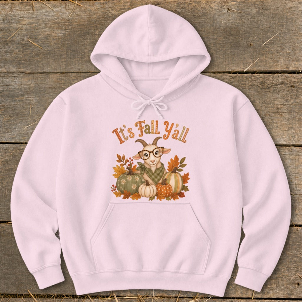 Pink hoodie with "It's Fall Y'all" text and a goat illustration with pumpkins.