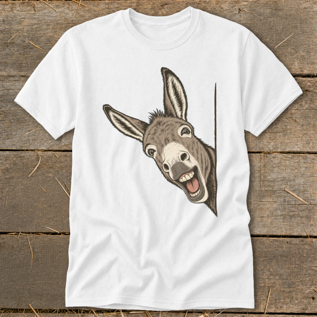 White t-shirt with a cartoon donkey peeking around a corner with a wide smile.