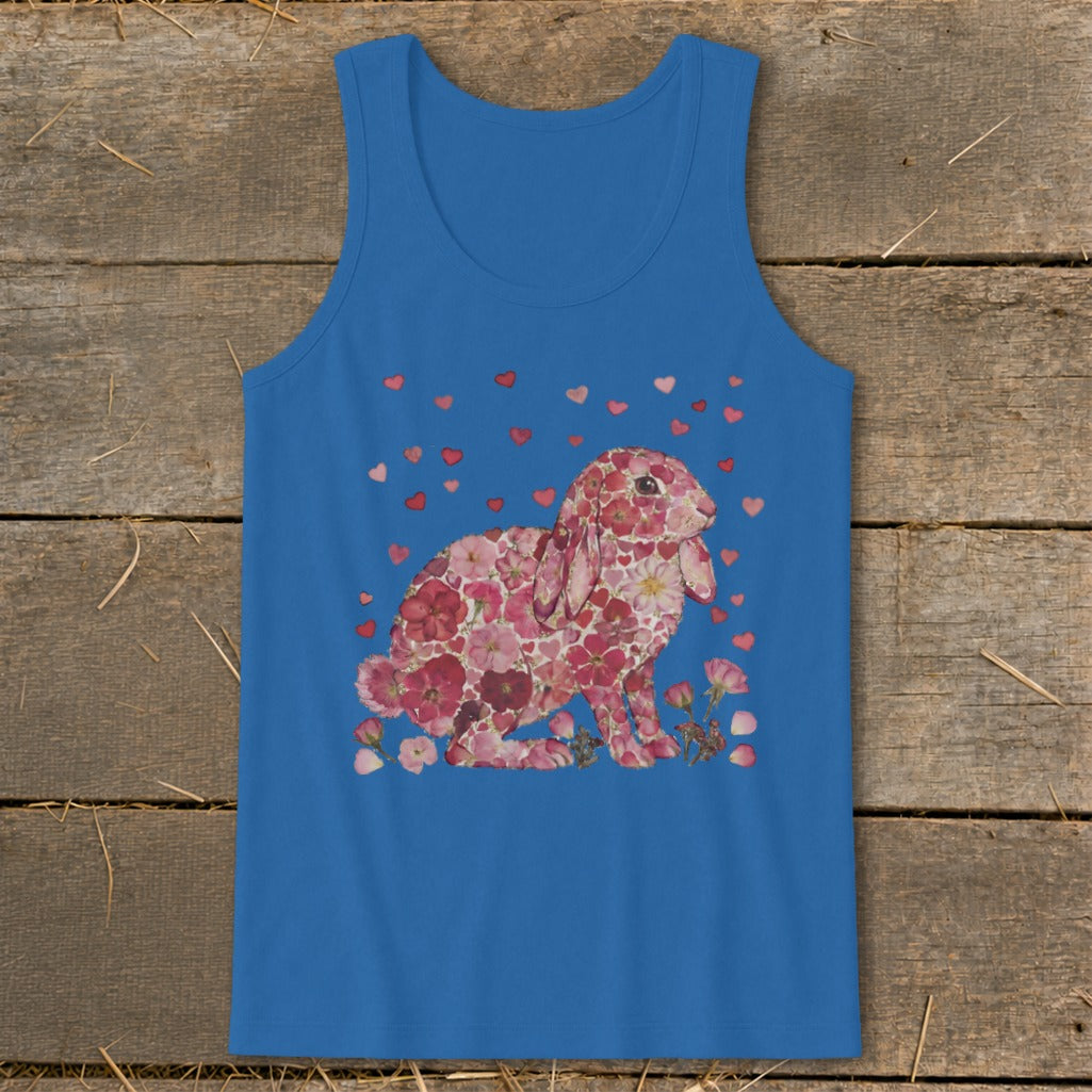 Blue tank top with a rabbit made of pink flowers and scattered red hearts.