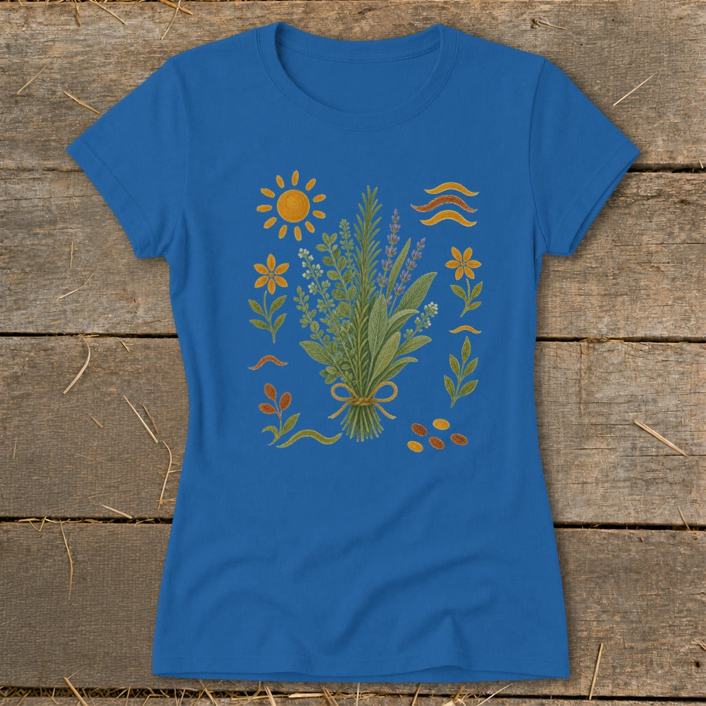 Blue t-shirt with a central bouquet of herbs and surrounding botanical illustrations.