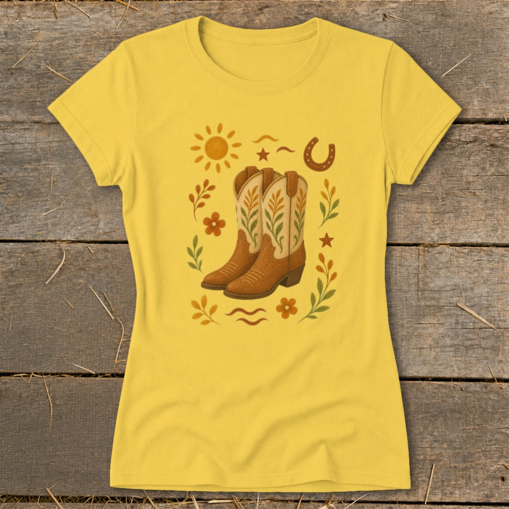 Yellow t-shirt with a graphic of cowboy boots, sun, horseshoe, and floral elements.