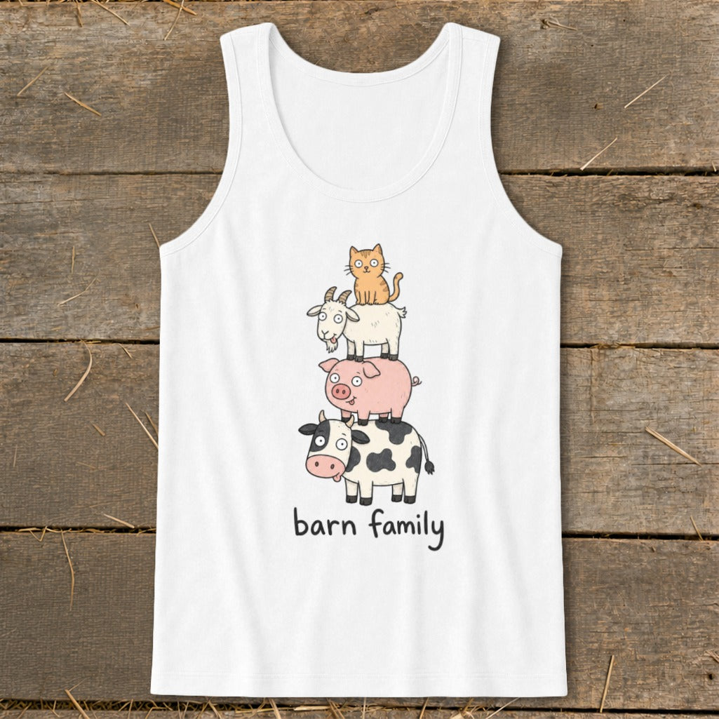 White tank top with a cartoon stack of a cow, pig, goat, and cat, labeled "barn family".