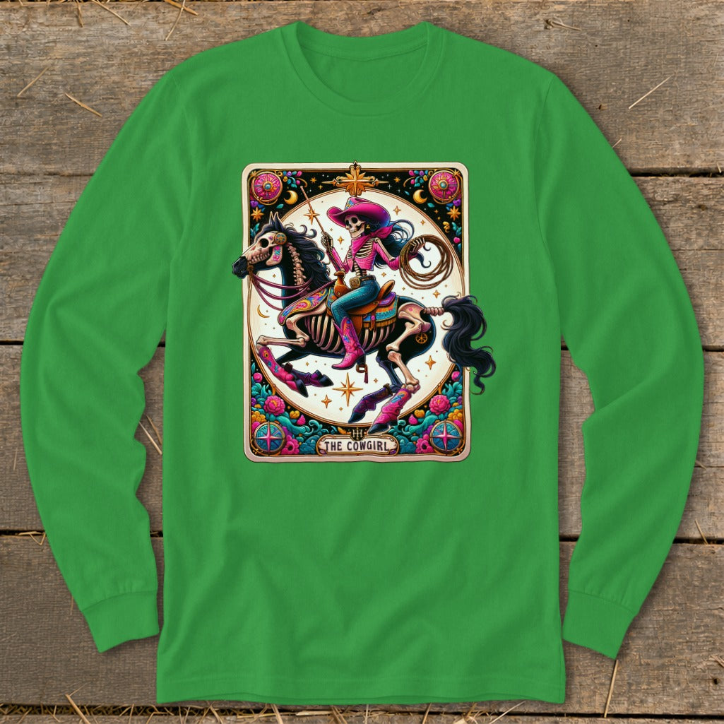 Skeleton cowgirl riding a horse in tarot card style, text "THE COWGIRL".