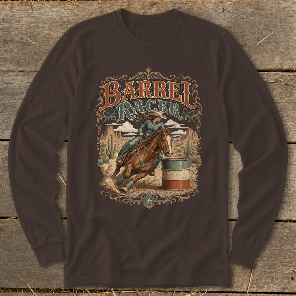 Barrel racer on a horse rounding a barrel in a desert landscape with text.