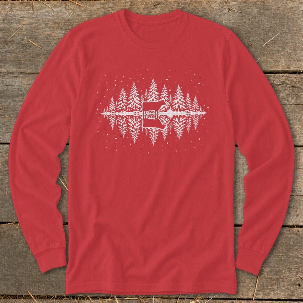 Red long-sleeve shirt with white pine trees and an axe graphic.