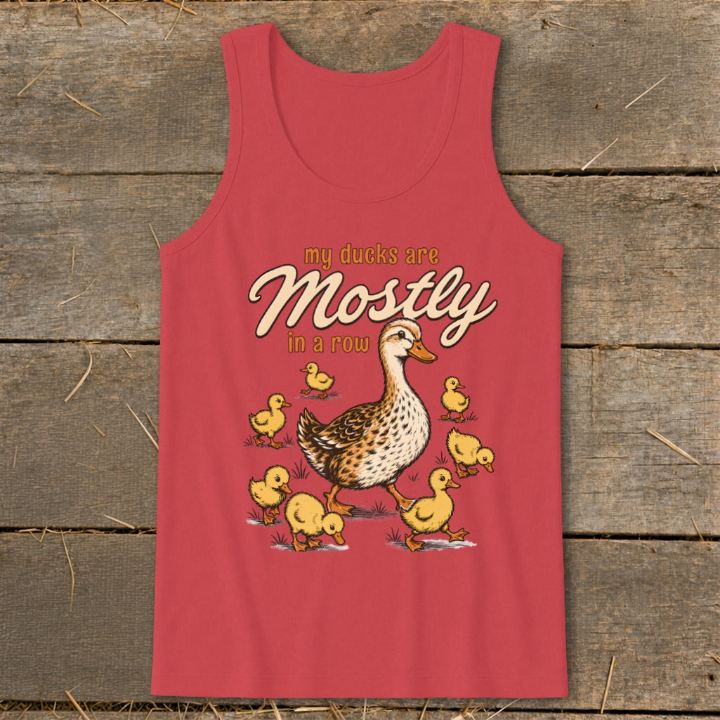 Red tank top with a drawing of a mother duck and several ducklings, and text "my ducks are Mostly in a row".