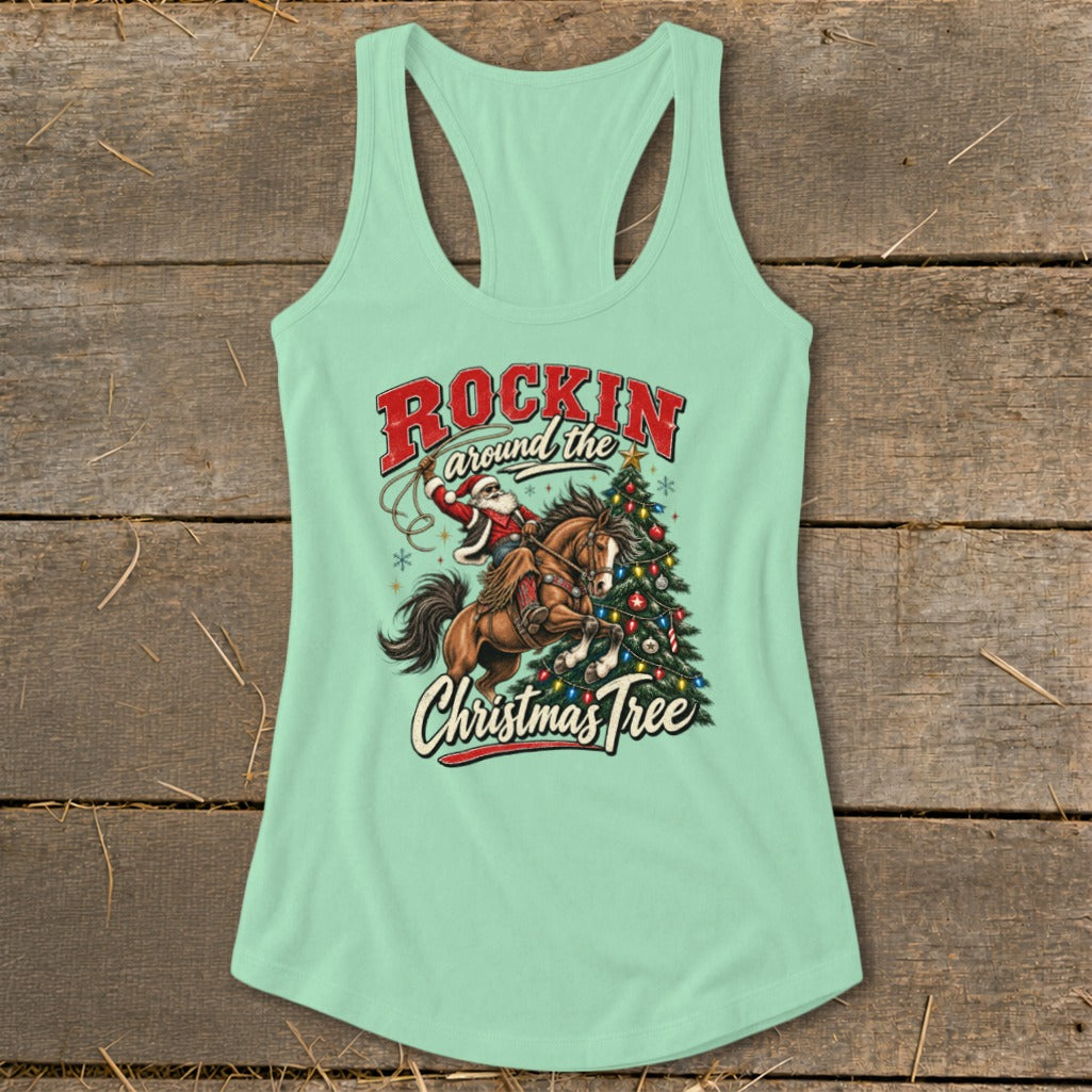 Santa on horseback lassoing a Christmas tree with "Rockin' Around the Christmas Tree" text.