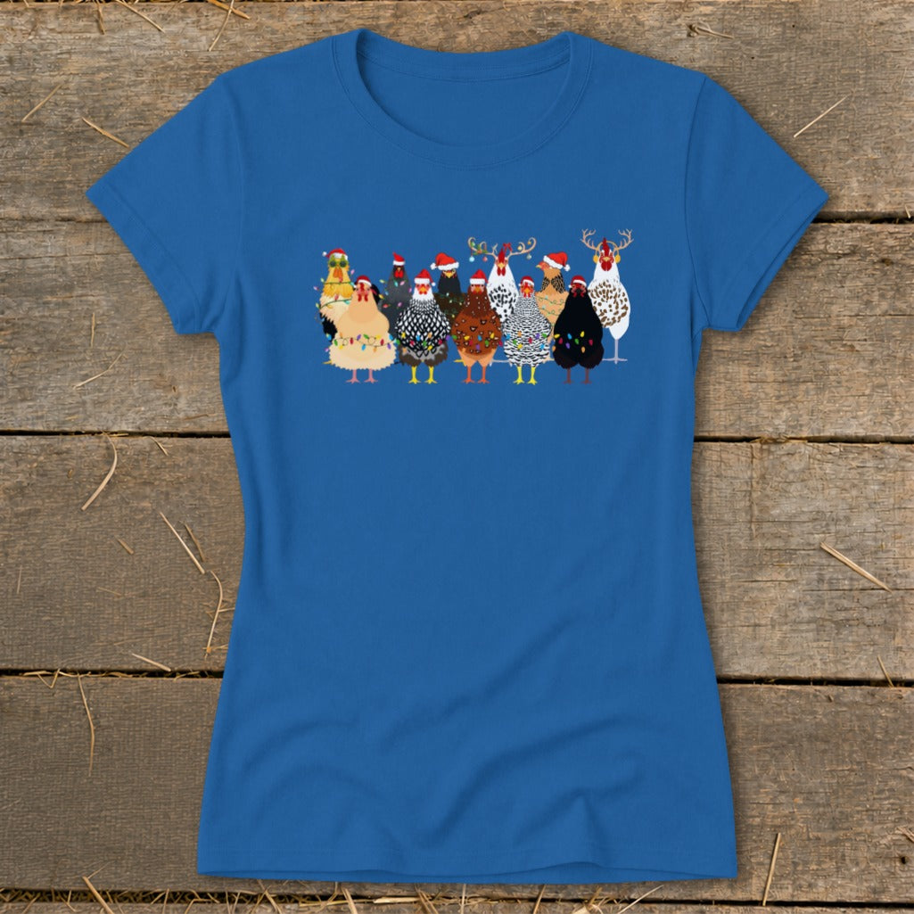 T-shirt with a print of chickens wearing Santa hats and Christmas lights.