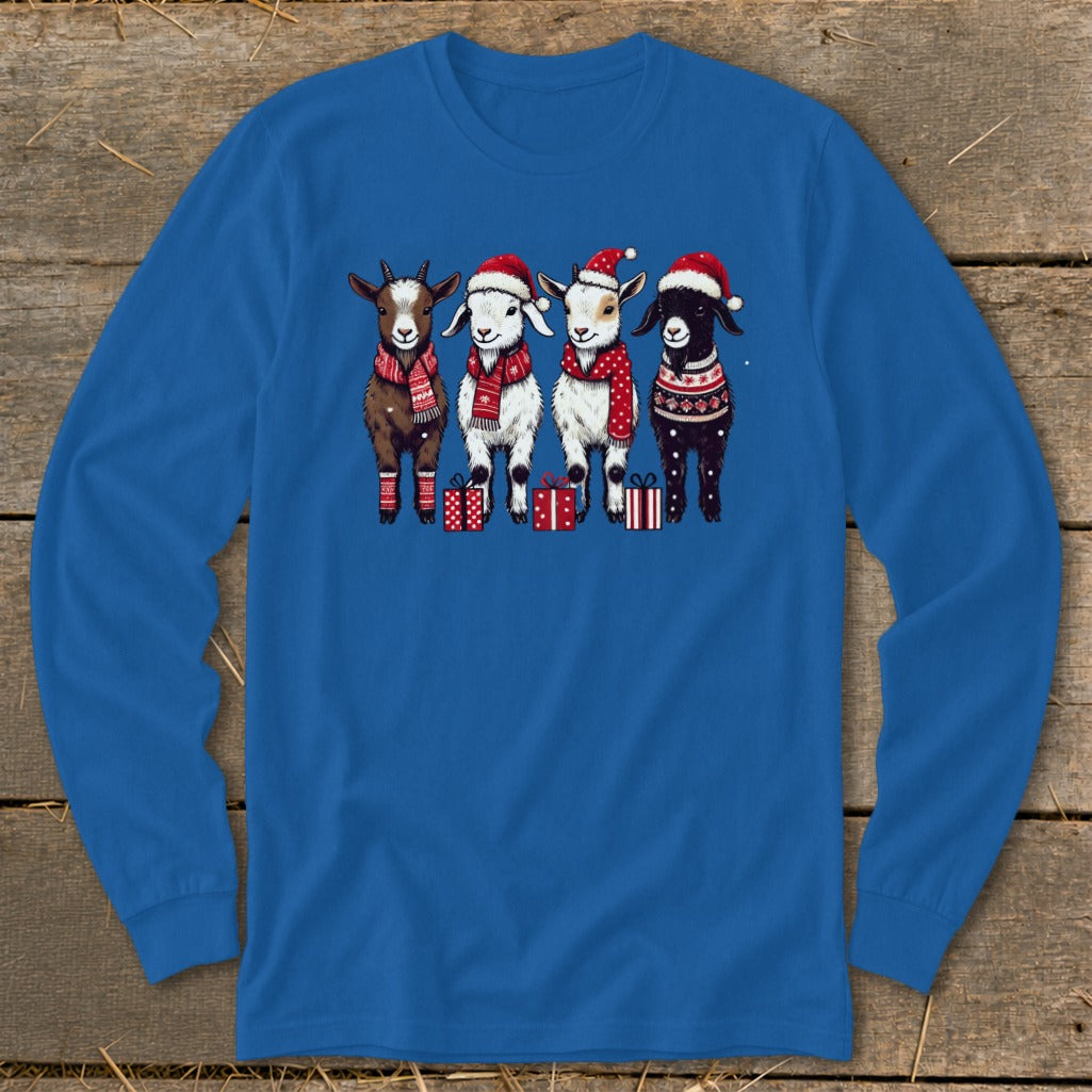 Four goats in Santa hats and festive scarves stand with presents.