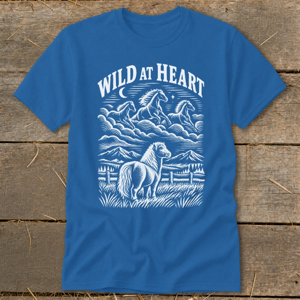 Blue t-shirt with "Wild at Heart" text and a graphic of horses in a field.