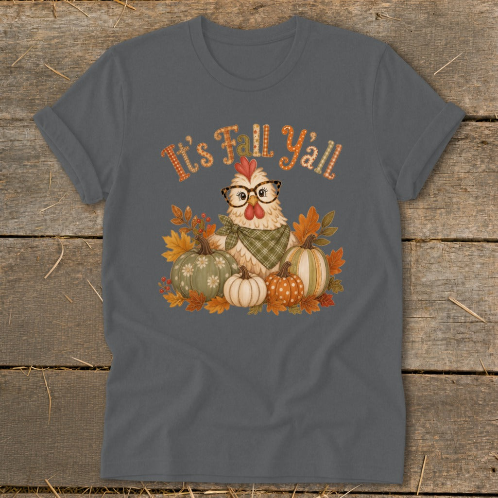 Chicken with glasses and scarf surrounded by pumpkins and leaves, says "It's Fall Y'all".