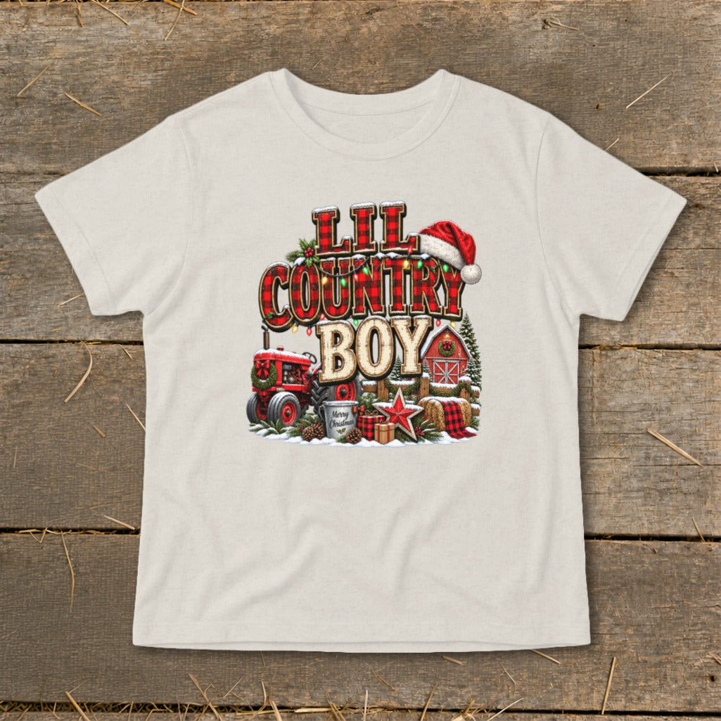 Lil Country Boy text with tractor, barn, Santa hat, and Christmas gifts.