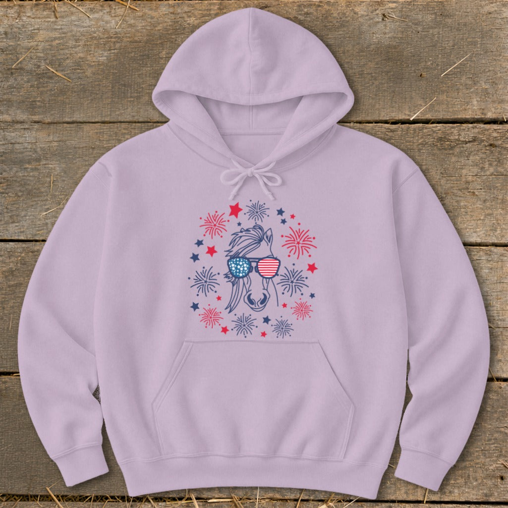 Lavender hoodie with horse wearing American flag sunglasses and fireworks design.