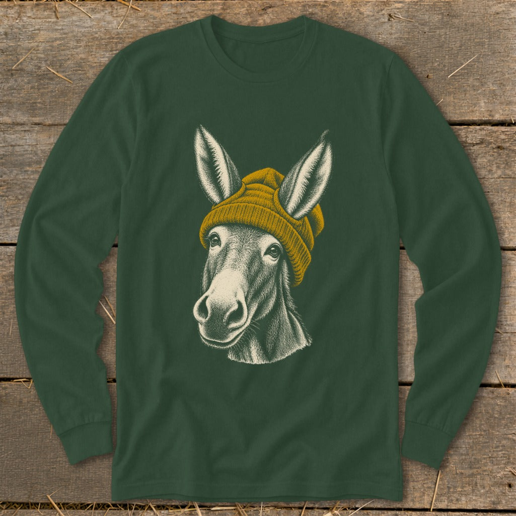 Dark green long-sleeve shirt with a donkey wearing a yellow beanie graphic.