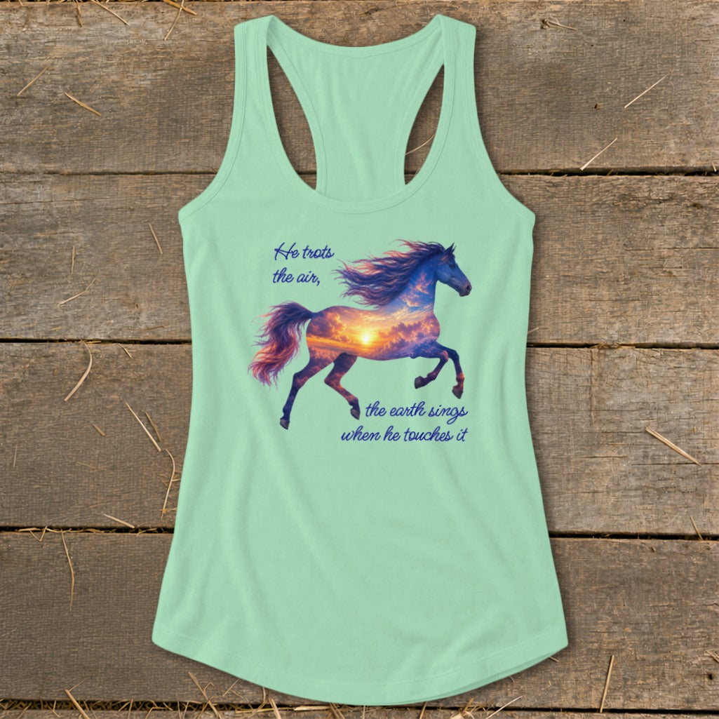 Mint green racerback tank top featuring a horse graphic with sunset sky fill and quote text.