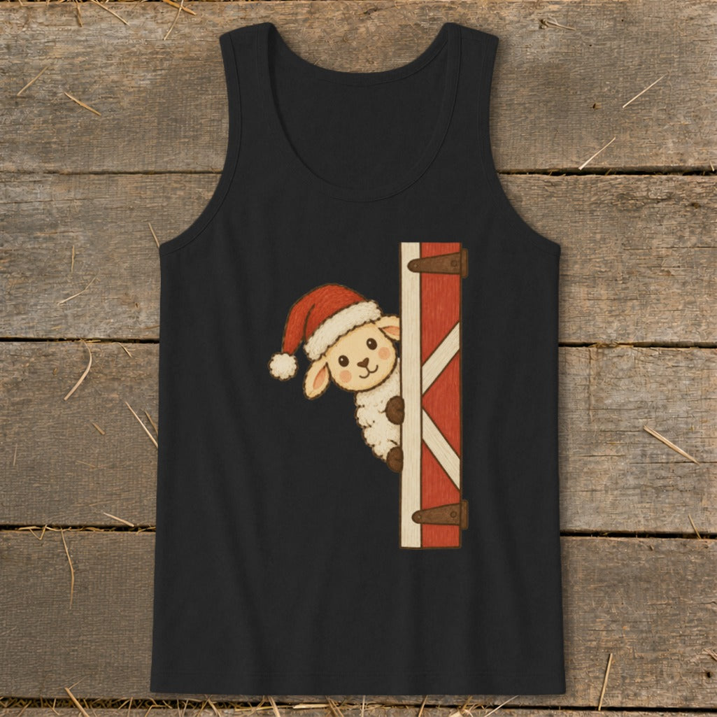 Black tank top featuring a sheep wearing a Santa hat peeking from behind a barn door.
