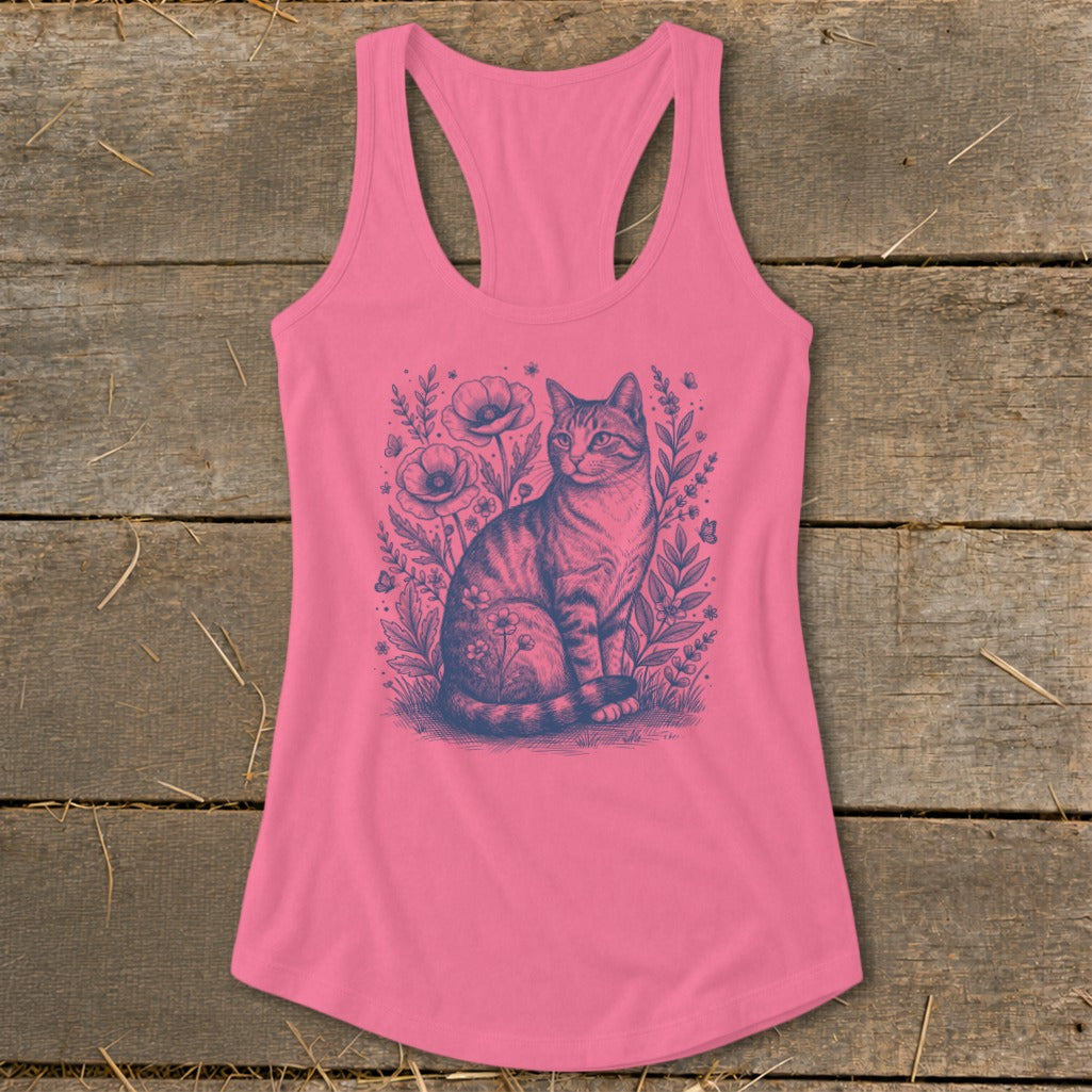 Pink tank top with a blue sketch of a tabby cat sitting amongst poppies and foliage.