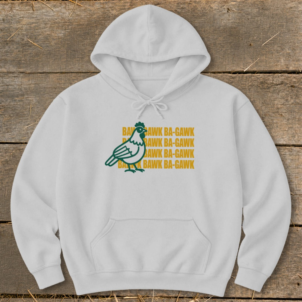 White hoodie with a green and yellow chicken graphic and repeated "Bawk Ba-Gawk" text.