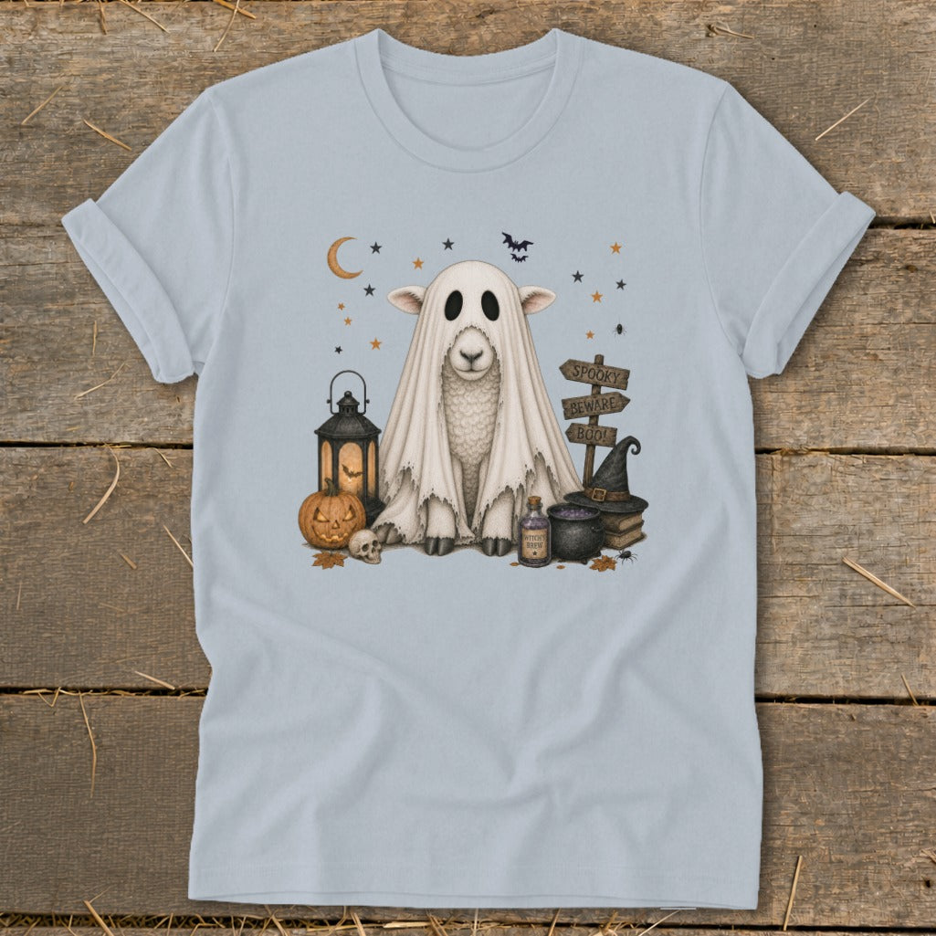 Sheep dressed as a ghost surrounded by Halloween decorations and signs reading "Spooky," "Beware," and "Boo!"