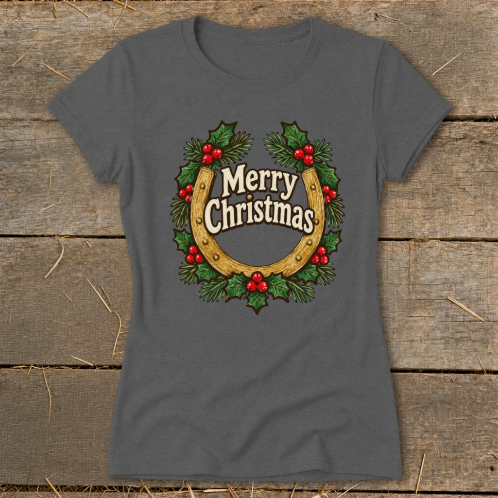 Gray t-shirt with horseshoe wreath and "Merry Christmas" text.