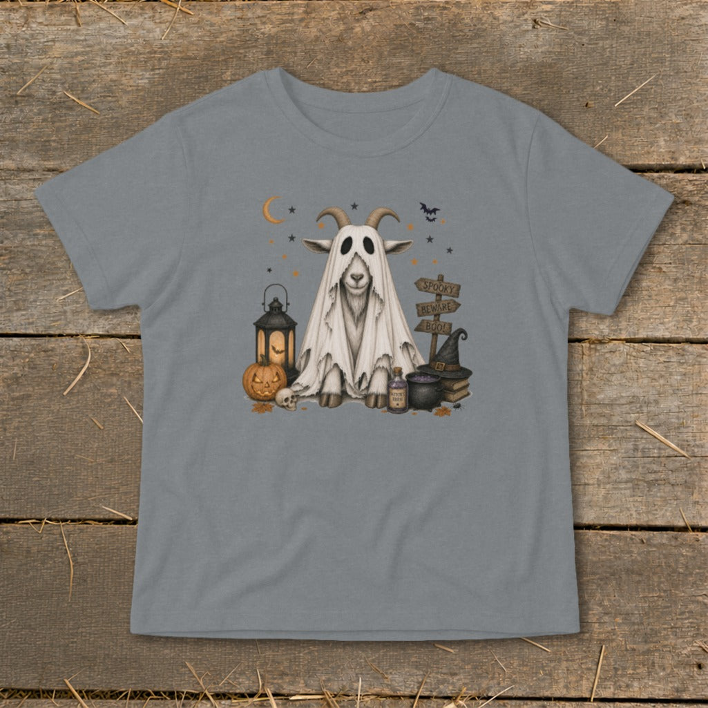 Goat in a ghost costume with Halloween decorations and signs saying "Spooky" and "Beware Boot".