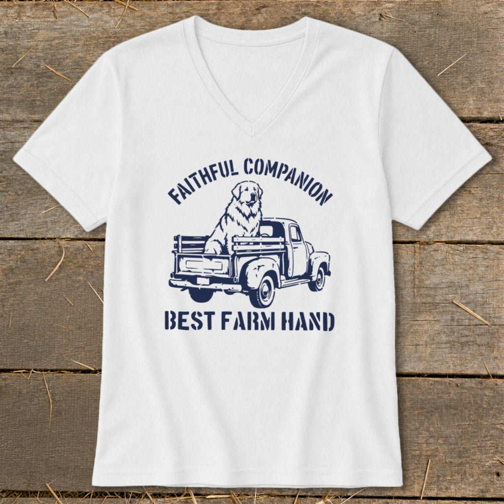 White t-shirt with a navy graphic of a dog in a truck and text "Faithful Companion Best Farm Hand".