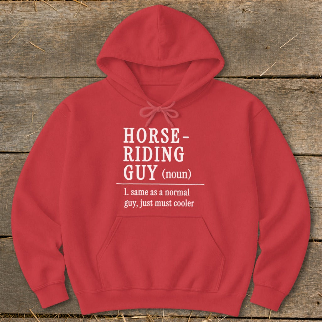 Red hoodie with white text defining "Horse-Riding Guy".