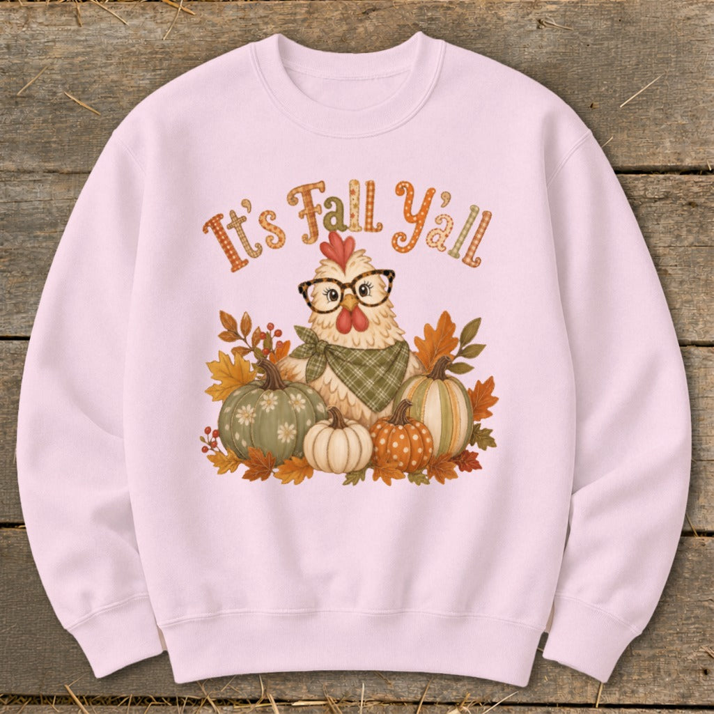 Pink sweatshirt with chicken and pumpkins graphic, reads "It's Fall Y'all".