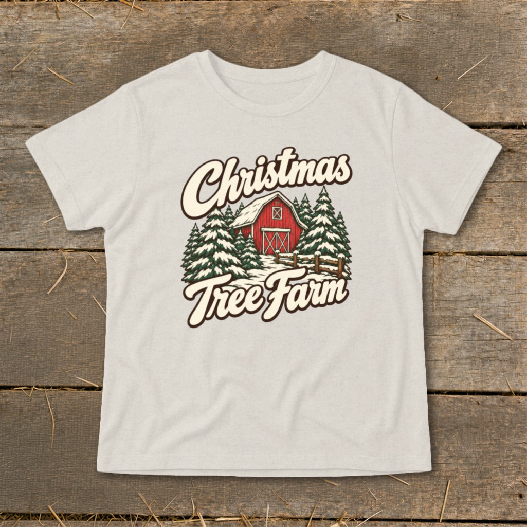Cream t-shirt with "Christmas Tree Farm" graphic featuring a red barn and pine trees.
