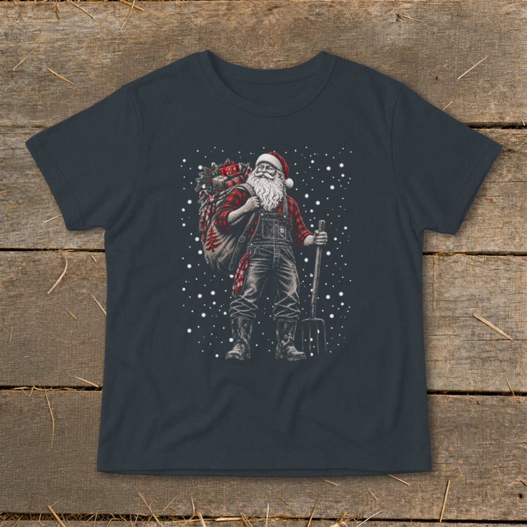 Farmer Santa carrying a sack of gifts and a pitchfork in falling snow.