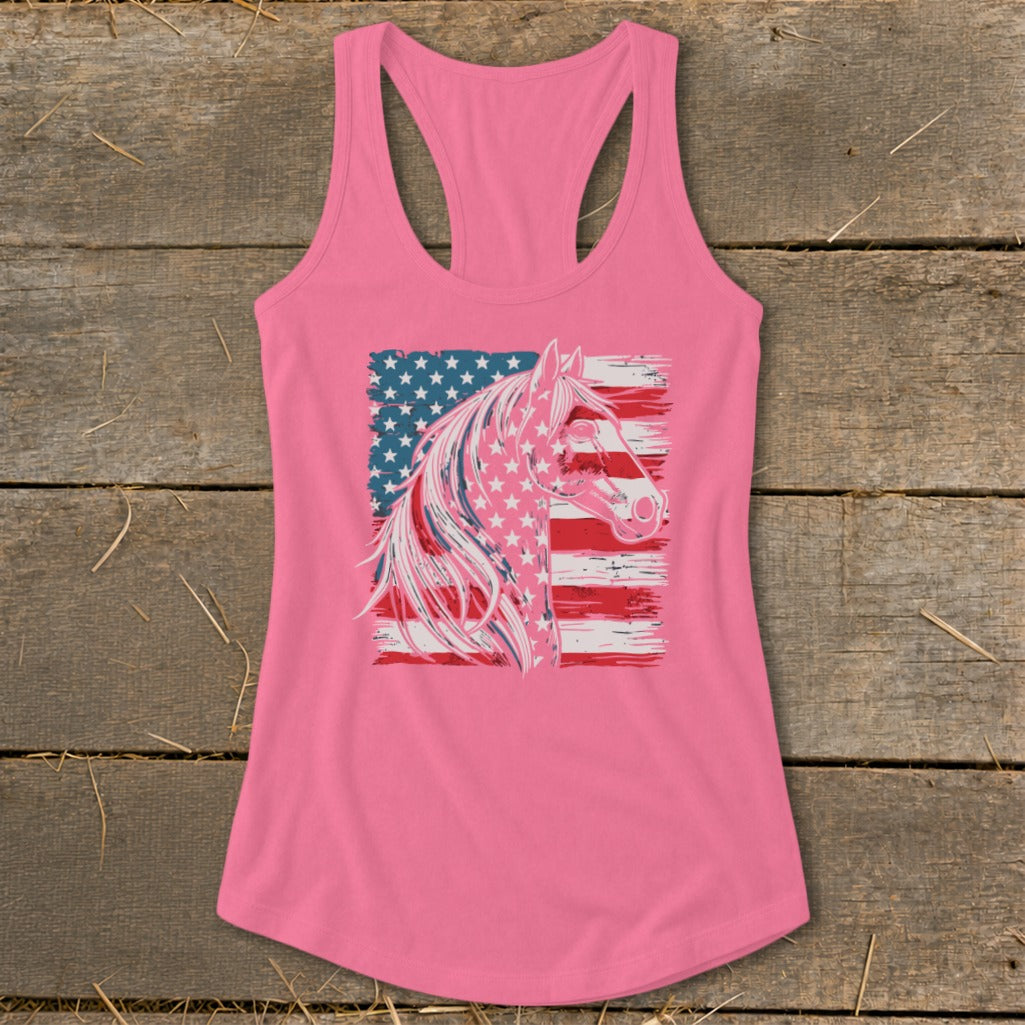 Pink tank top with a distressed American flag horse graphic.