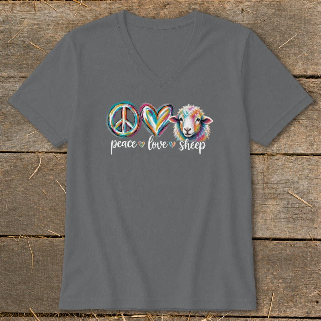 Peace love sheep graphic on grey v-neck t-shirt.