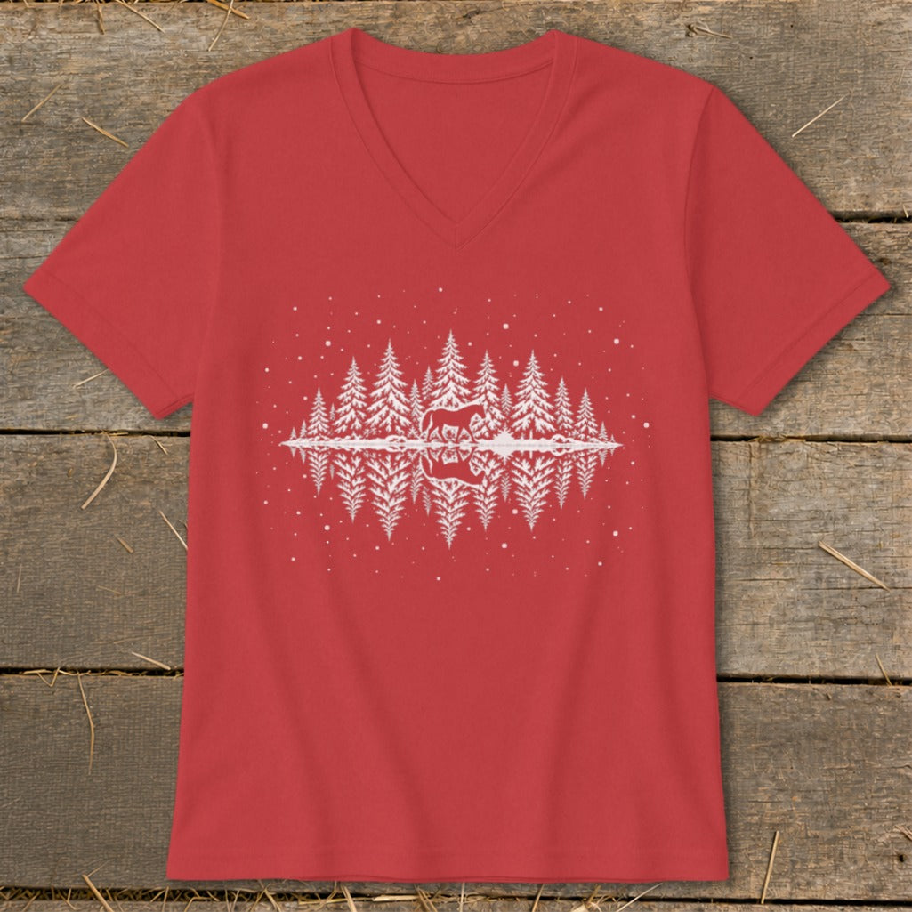Red t-shirt with white graphic of a forest, a horse, and reflection.
