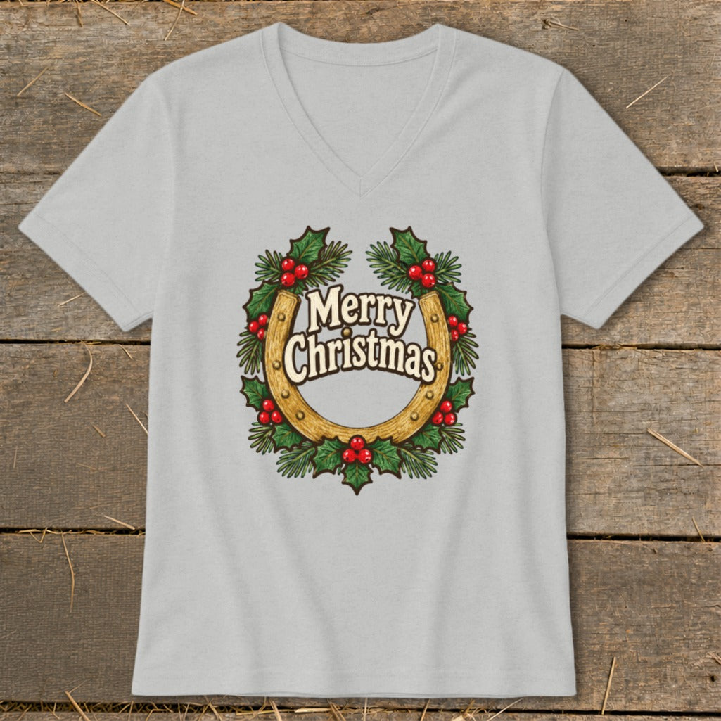 Gray v-neck t-shirt with a Christmas horseshoe wreath graphic and "Merry Christmas" text.