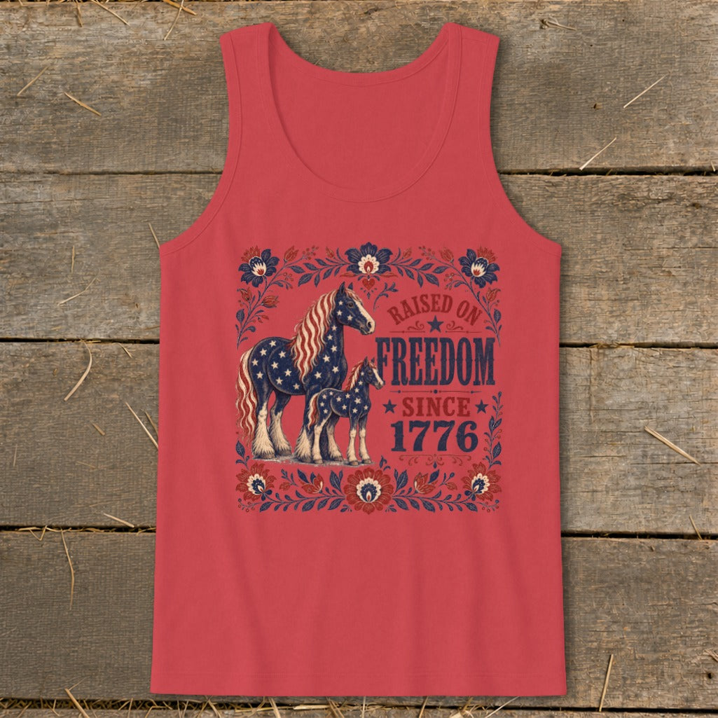 Red tank top with a patriotic horse and foal graphic and text.