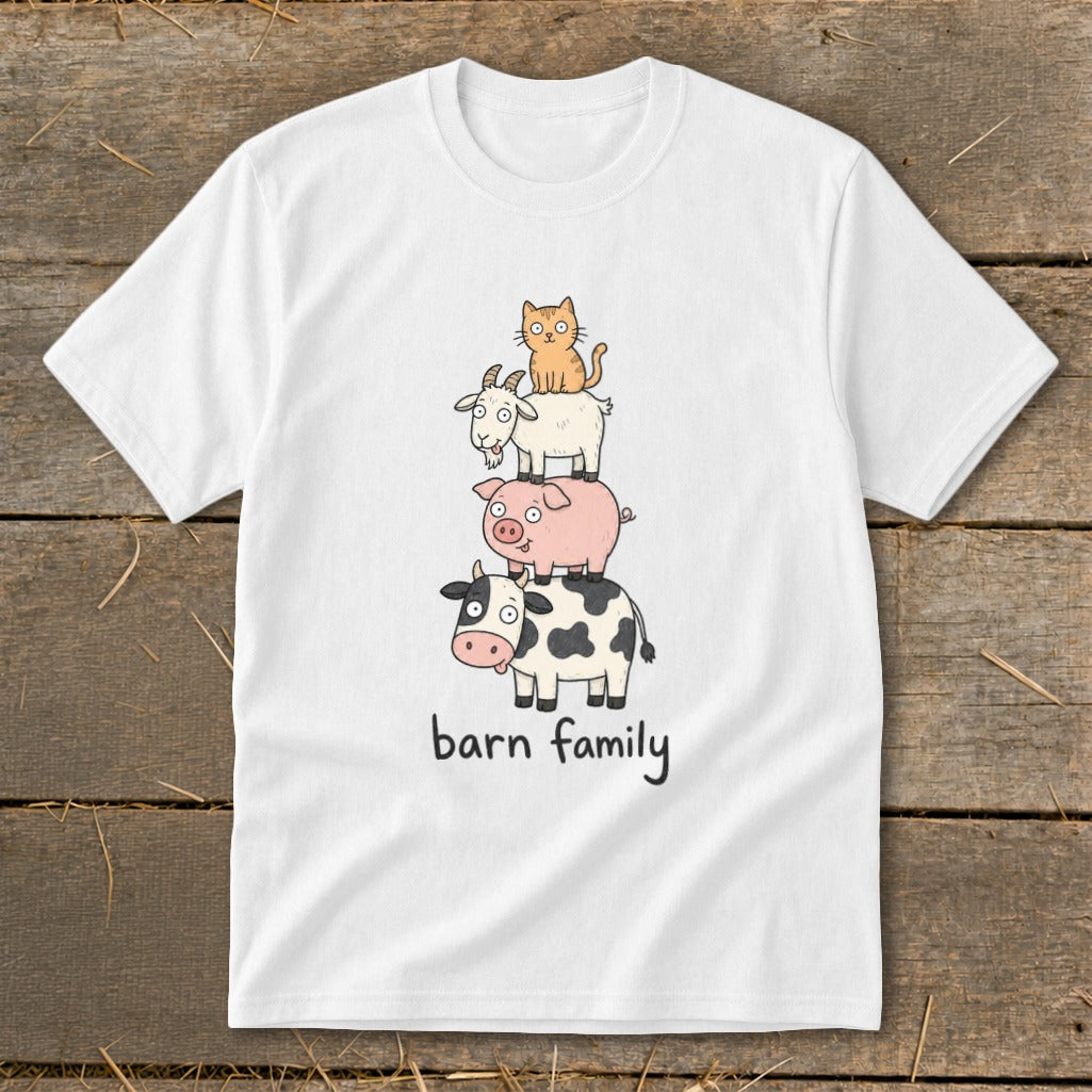 White t-shirt with stacked cartoon cow, pig, goat, and cat with "barn family" text.