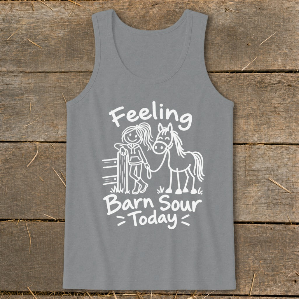 Gray tank top with white text and graphic of a girl and horse.