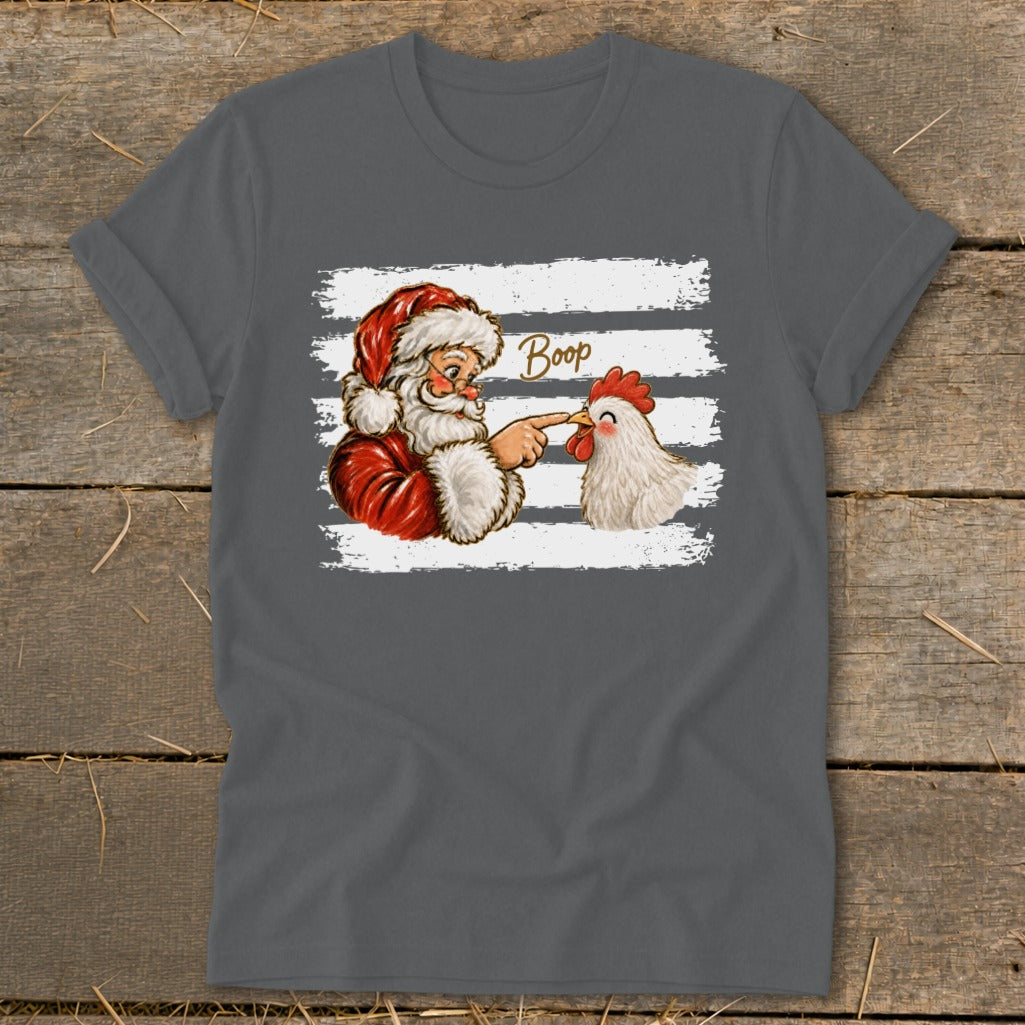 Santa booping a chicken on the nose with text "Boop" on a dark gray shirt.