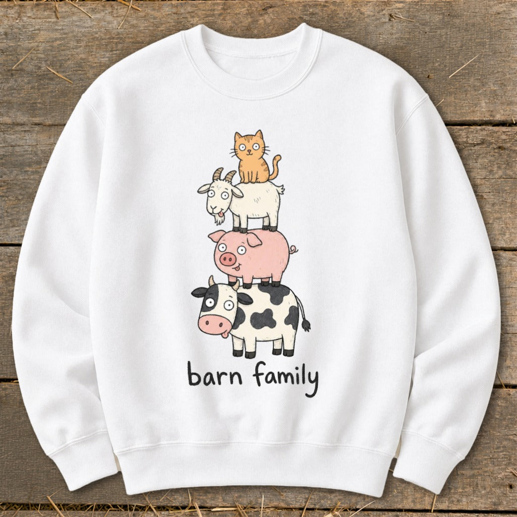 White sweatshirt with "barn family" text and a stacked illustration of a cat, goat, pig, and cow.