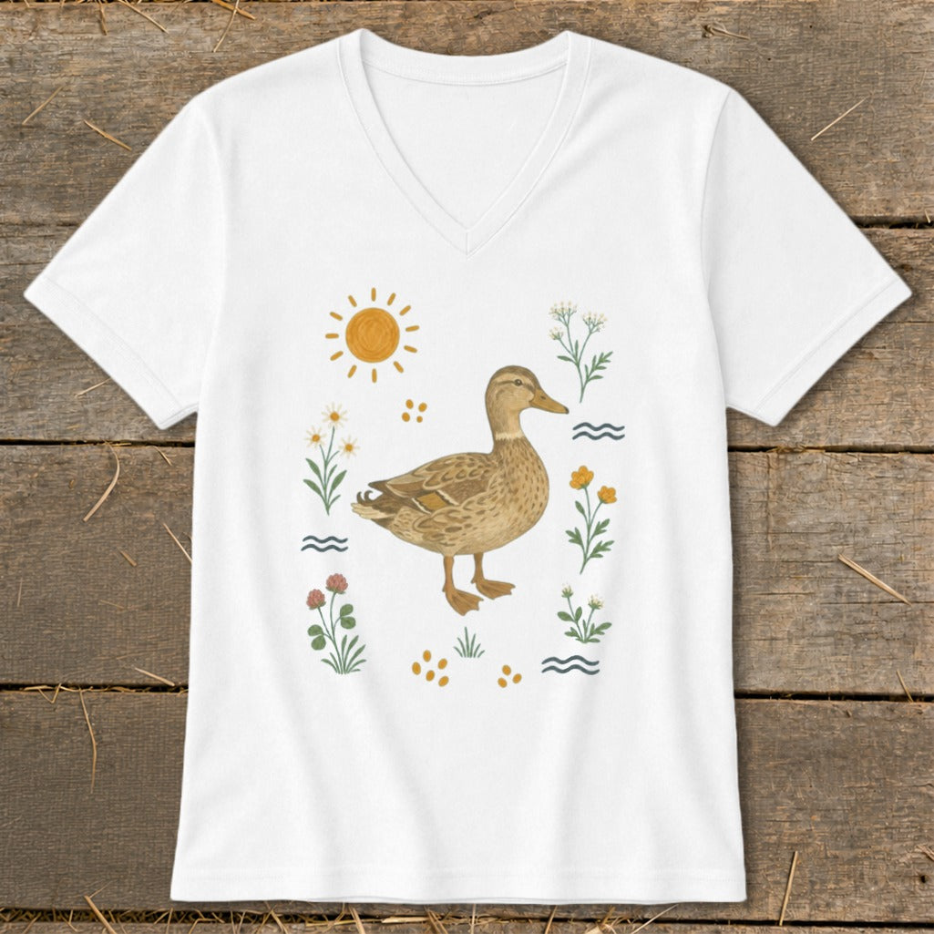 White v-neck t-shirt with a watercolor duck and floral illustration.
