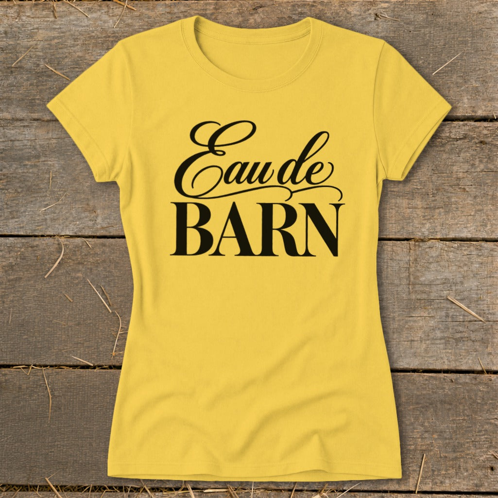Yellow t-shirt with black text reading "Eau de BARN"