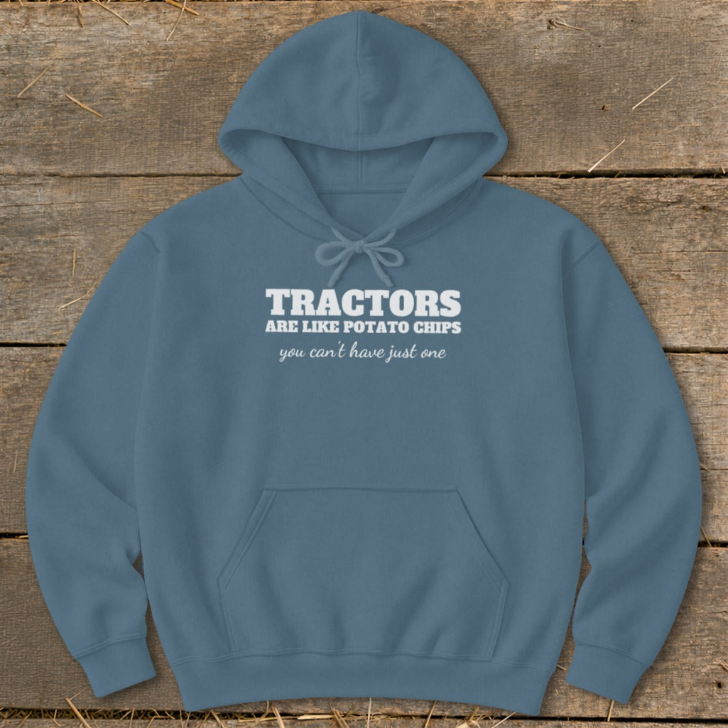 Blue hoodie with "TRACTORS ARE LIKE POTATO CHIPS you can't have just one" text.