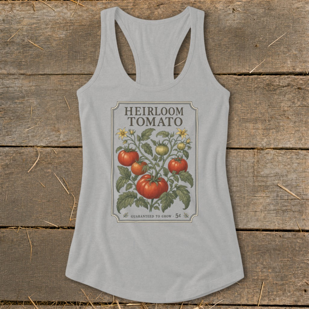 Light grey tank top with "Heirloom Tomato" graphic and tomato plant illustration.