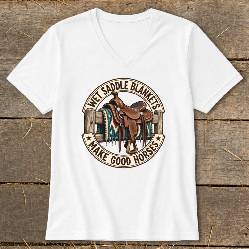 White t-shirt with a circular graphic of a saddle and blanket on a fence.