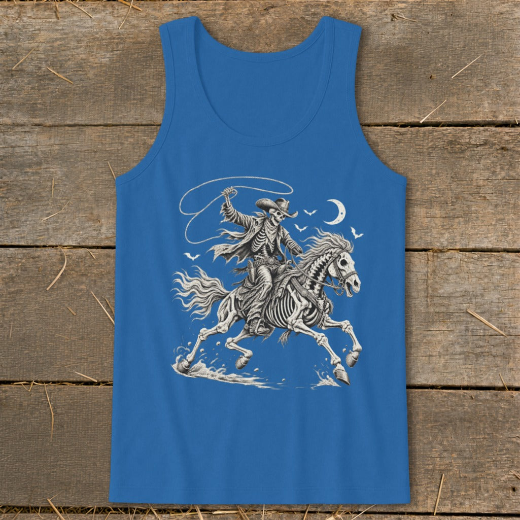 Skeleton cowboy on a horse with a lasso under a crescent moon.