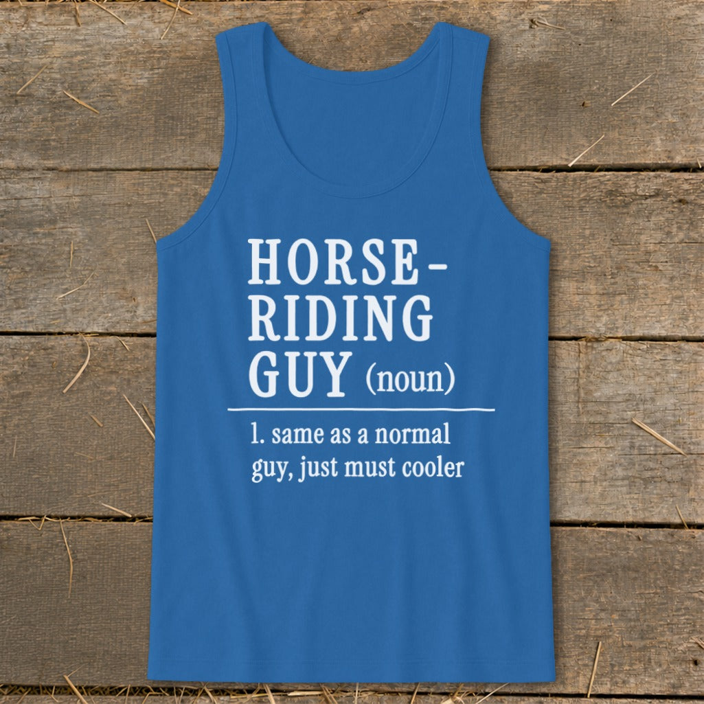 Blue tank top with white text defining "Horse-Riding Guy".