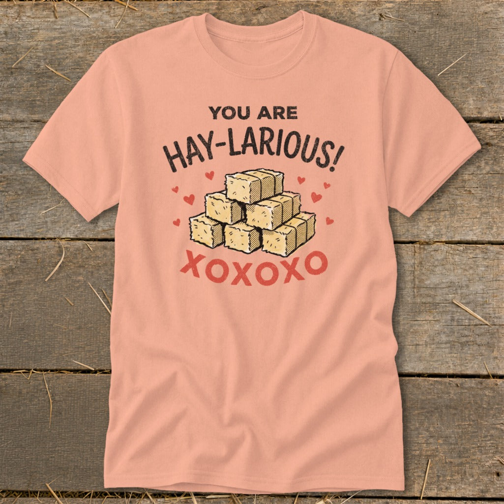 Peach t-shirt with "You are Hay-larious!" text over hay bales and XOXOXO.