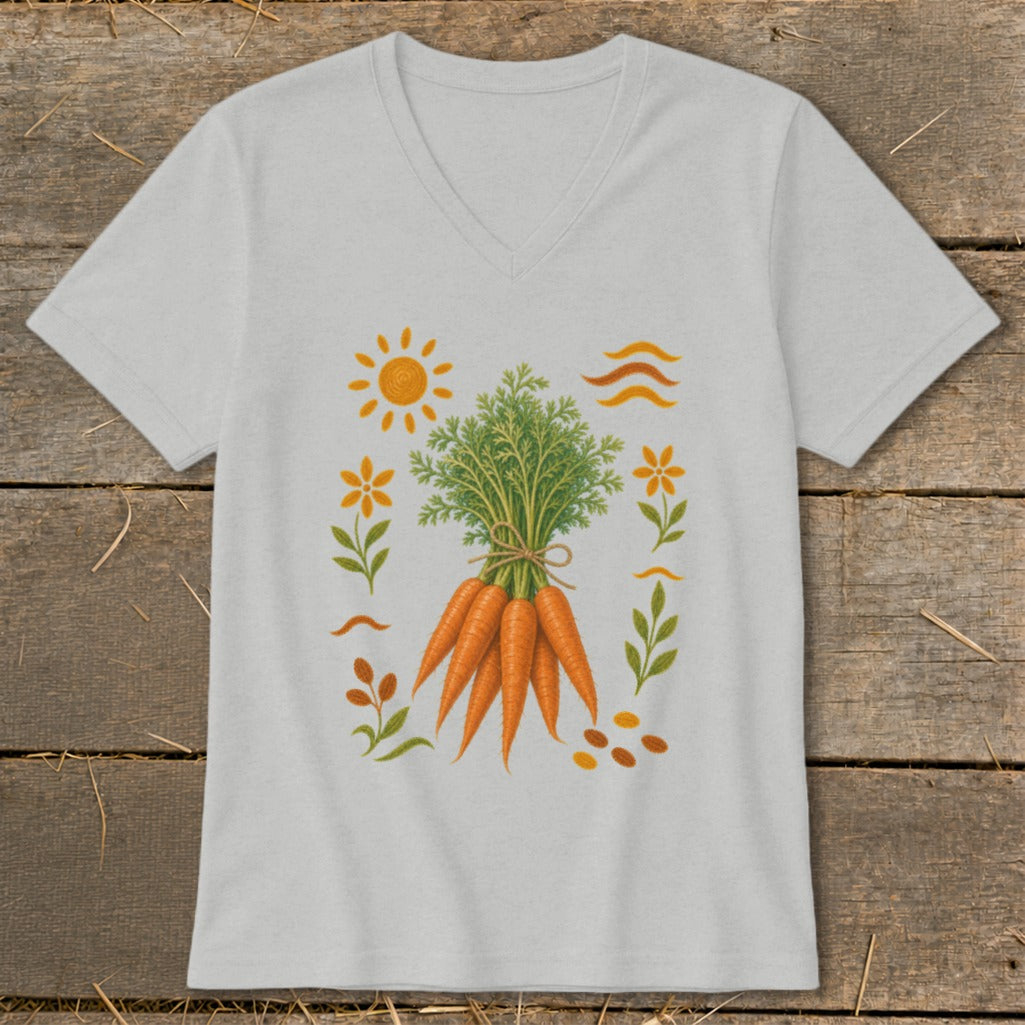 Light grey t-shirt with a watercolor illustration of a bunch of carrots surrounded by flowers and sun.