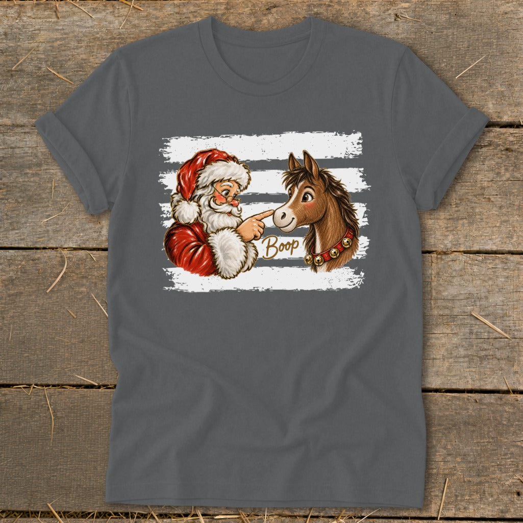 Santa booping a horse's nose with the word "Boop" on a gray t-shirt.